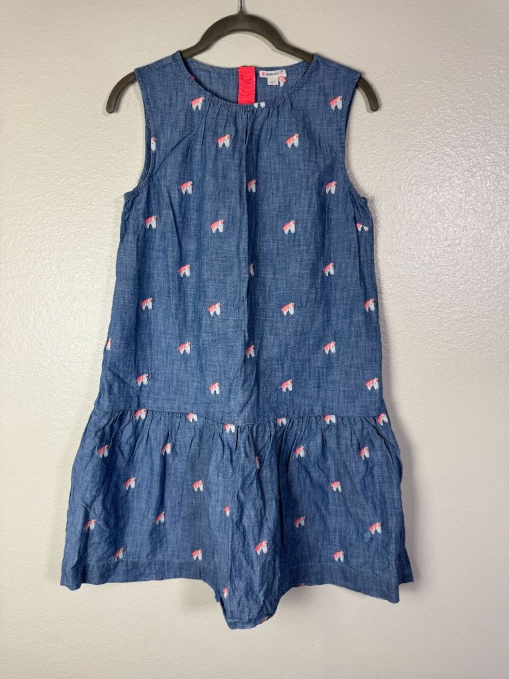Crewcuts Unicorn Embroidered Girls Blue Chambray Dress‎ Kids Size 14 100% Cotton